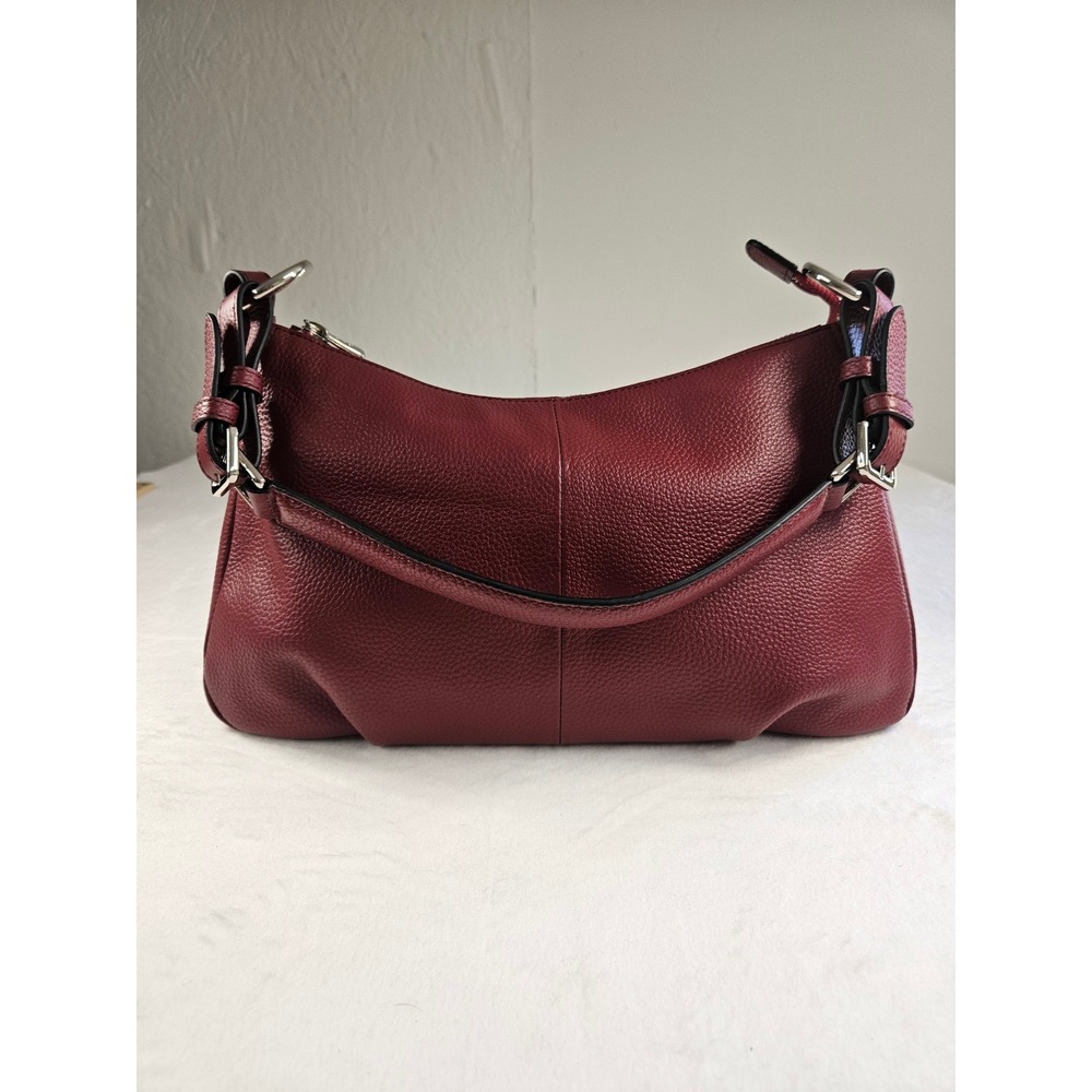 SZONE Burgundy Pebbled Leather Shoulder Bag Hobo Handbag Red Silver Tone Hardwar